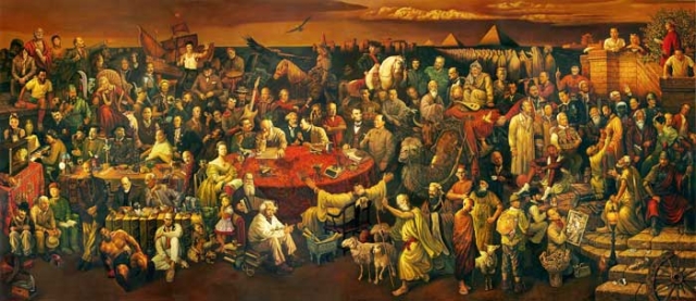لوحة فنية تجمع 100 شخصية من مشاهير العالم عبر التاريخ