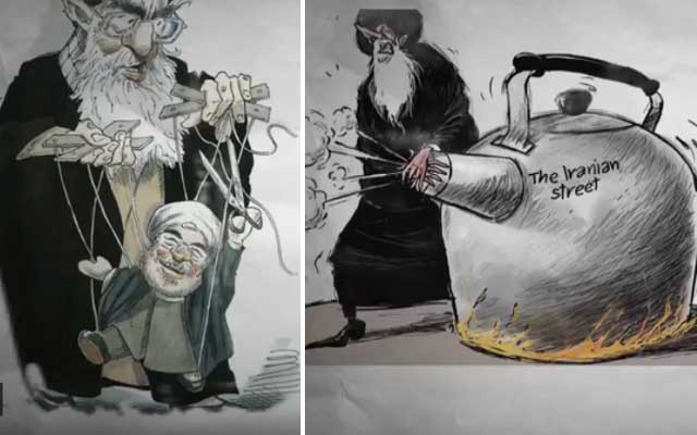 رسامو كاريكاتير في العالم يكشفون الوجوه الخفية للمرشد علي خامنئي (مع فيديو)