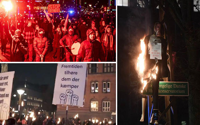 احتجاجا على حظر التجول.. متظاهرون يحرقون صور رئيسة حكومة الدنمارك